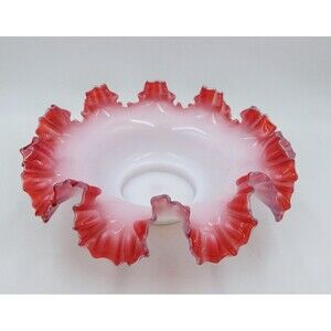 Victorian Brides Basket Bowl Cranberry Pink White Milk Glass Ruffled Rim 11 Inch